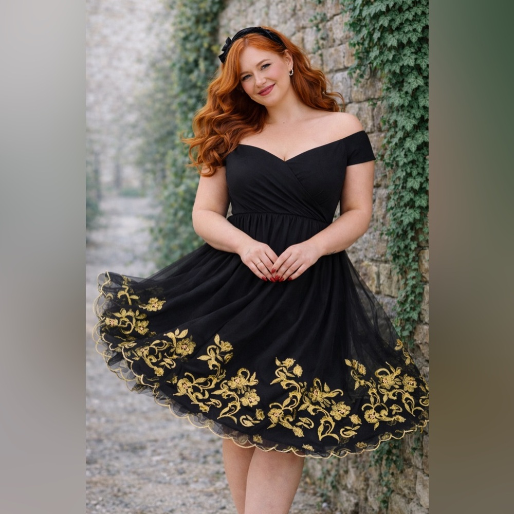 Torrid Retro Chic Black & Gold Embroidered Tulle Swing Dress, Size 14, NWT! - Picture 7 of 16